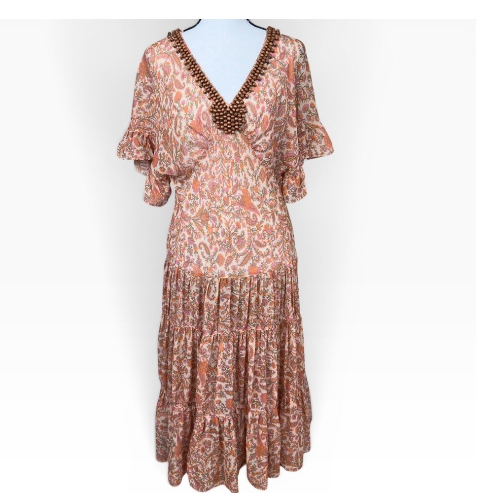 Vintage Sheer Silk Paisley Midi Dress Orange Pink Beaded‎ V-Neck Tiered Ruffle
